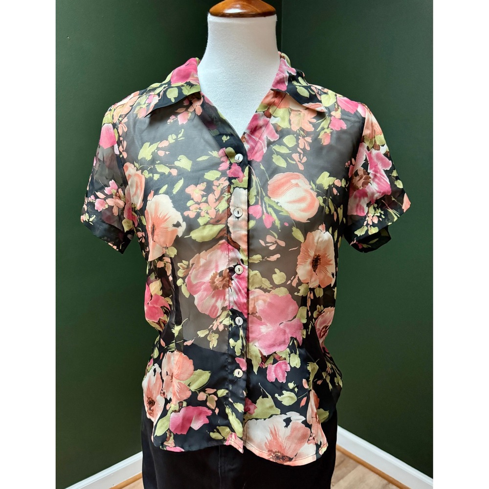 Apparenza Floral Sheer Blouse Button Down Lightweight Short Sleeve Size S